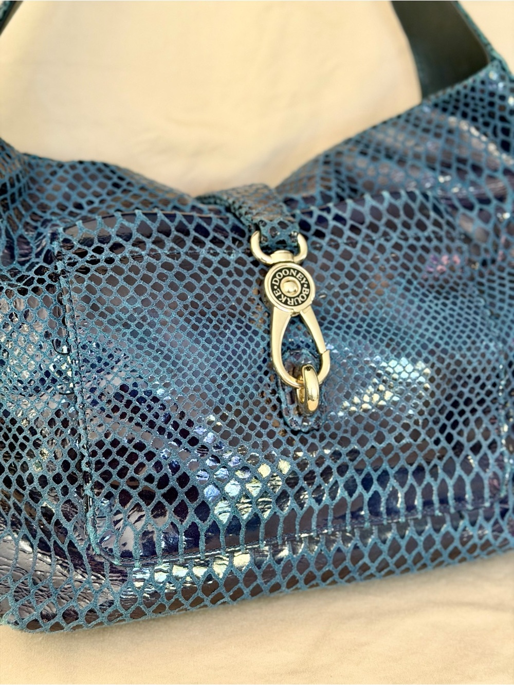 Dooney & Bourke Belvedere Dark Blue Python Logo Lock Shoulder Hobo Bag Leather